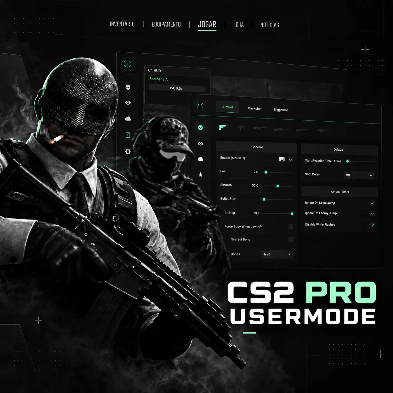 Capa do CS2 Pro Usermode com dois personagens de Counter-Strike 2 e a interface do produto.
